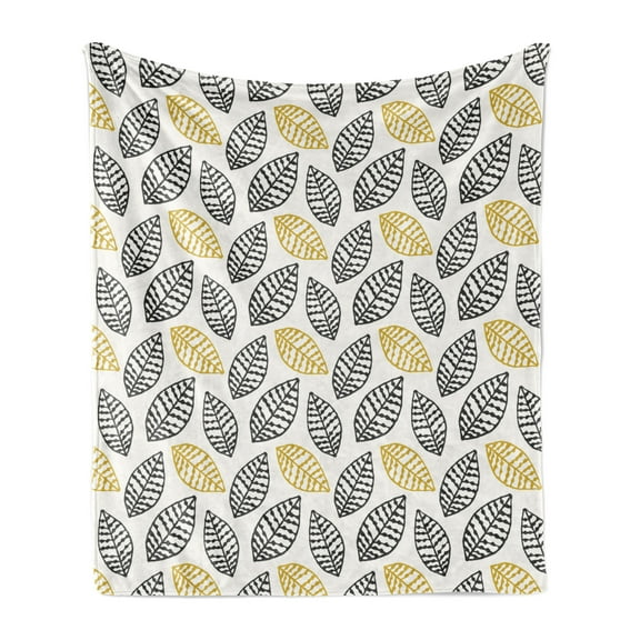 Off White Soft Flannel Fleece Throw Blanket, Digitally Generated Silhouettes of Leaves on a Plain Background, Cozy Plush for Indoor and Outdoor Use, 60" x 80", Charcoal Grey and Yellow, by Ambesonne