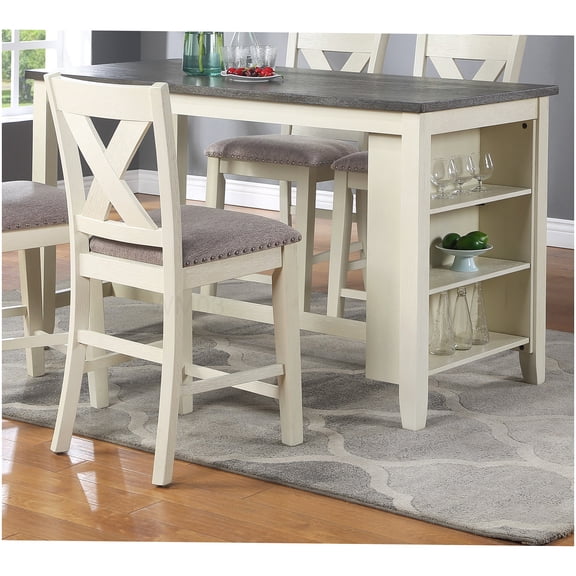 Off-White Solid Wood Counter Table with Storage Shelves, 60x30in Kitchen Dining Furniture