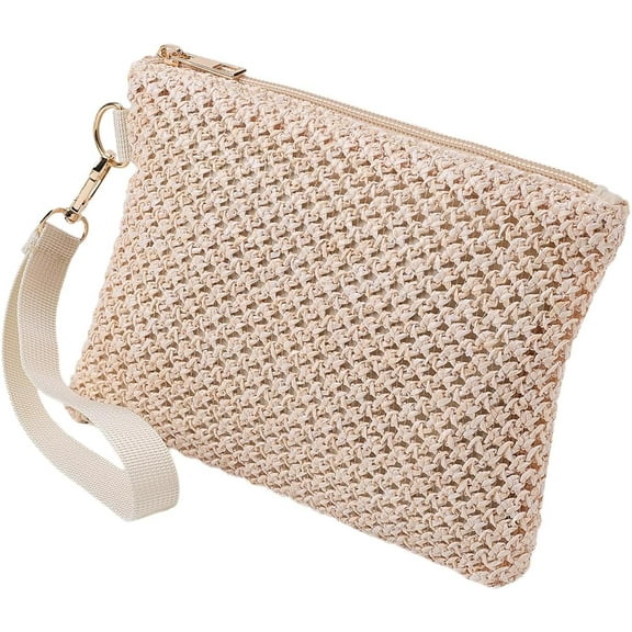 Off White Straw Woven Cosmetic Pouch Beach Straw Purses Portable Vacation Travel Storage Clutch Bags