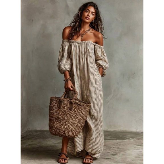 Off White Striped Off-Shoulder Maxi Dress With Puff Sleeves And Pockets