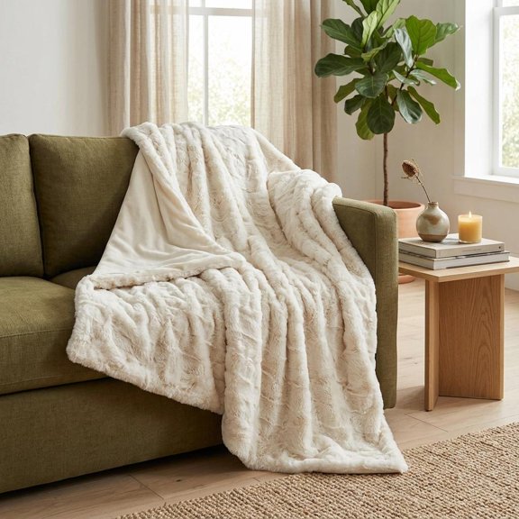 Off White Woven Acrylic Patchwork Plush Throw