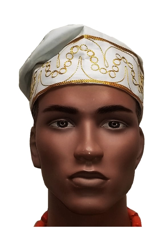 Off White and Gold African Cotton Kufi Hat