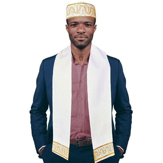 Off White and Gold Embroidered African Hat and Sash/Scarf