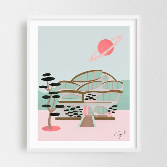 Off planet house - Illustration Mid-Century Modern Space Architecture Surrealism Geometric Modern Art Retro White Framed Wall Art Print 6 x 8 inches