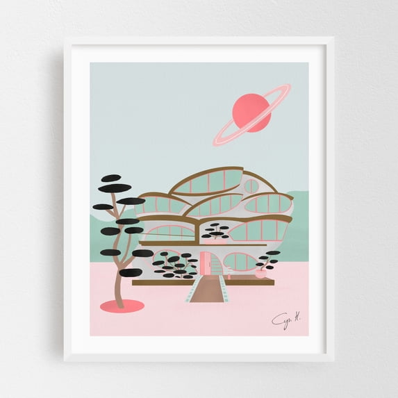 Off planet house - Illustration Mid-Century Modern Space Architecture Surrealism Geometric Modern Art Retro White Framed Wall Art Print 9 x 12 inches