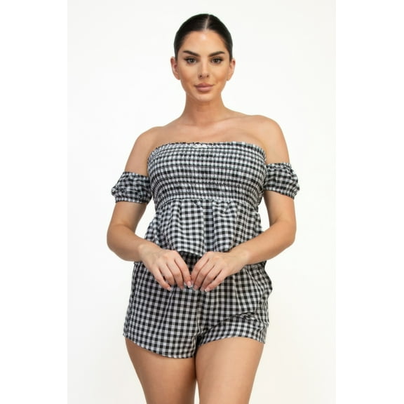 Off-shoulder Smock Gingham Top & Mini Short Sets