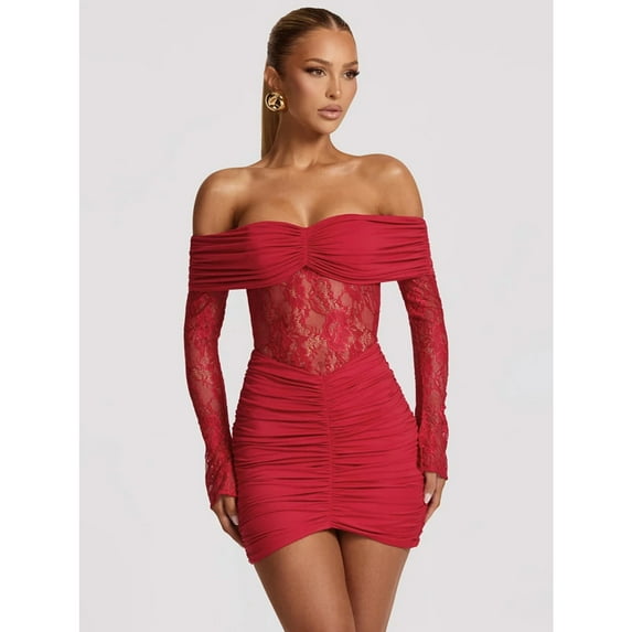 Off-shoulder Strapless Backless Sexy Mini Dress Women Gown Elegant Lace See Through Long Sleeve Ruched Club Party Dress