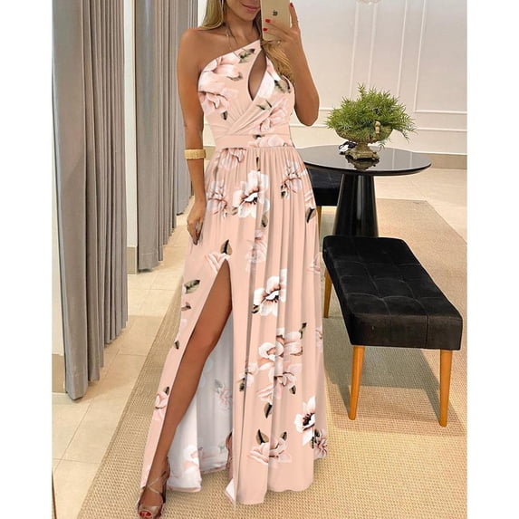 Off-shoulder long dress, elegant sleeveless high-waisted slit dress, fashionable and sexy