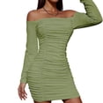 thumbnail image 1 of Off the Shoulder Bodycon Dresses Womens Long Sleeve Ruched Elegant Cocktail Party Mini Dress Business Evening Gown Green, XL, 1 of 6