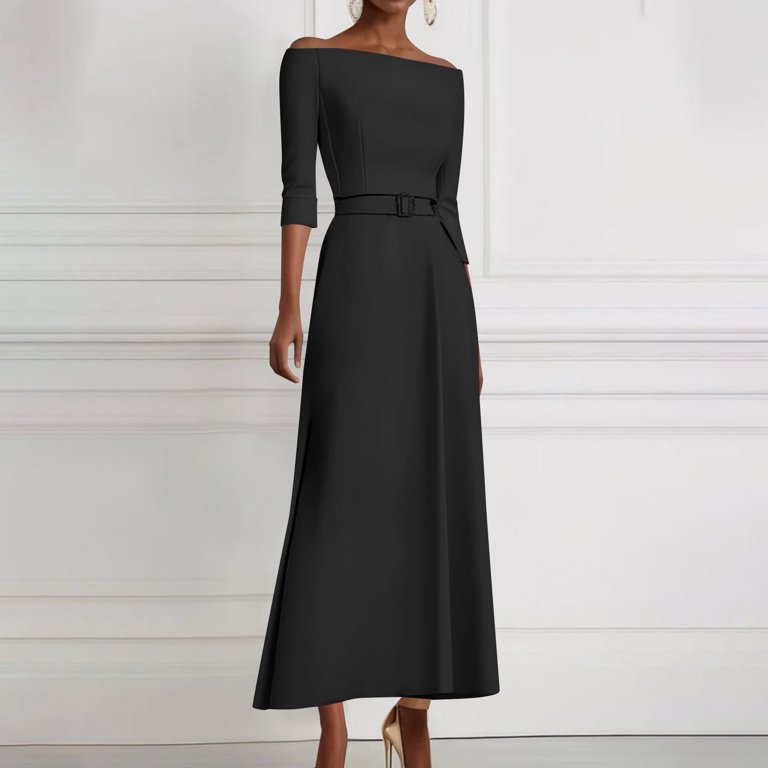 Off the Shoulder Cocktail Dress for Women Elegant 3/4 Sleeve Belted Waist Wedding Guest Formal Business Evening Party Long Dresses Black L
