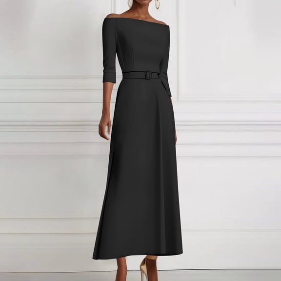 Off the Shoulder Cocktail Dress for Women Elegant 3/4 Sleeve Belted Waist Wedding Guest Formal Business Evening Party Long Dresses Black M