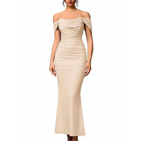 Off the Shoulder Maxi Long Dress Corset Ruched Bodycon Formal Wedding Guest Dresses for Women Apricot S