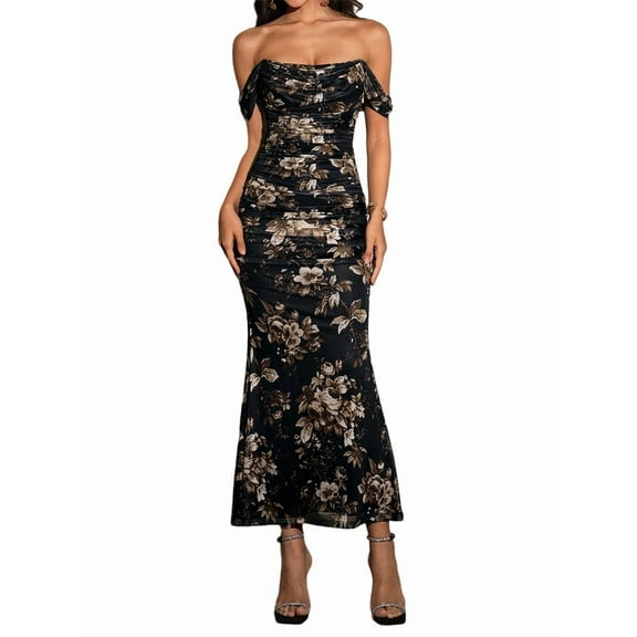 Off the Shoulder Maxi Long Dress Corset Ruched Bodycon Formal Wedding Guest Dresses for Women Black & Print XS