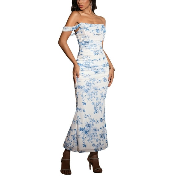 Off the Shoulder Maxi Long Dress Corset Ruched Bodycon Formal Wedding Guest Dresses for Women Blue Print XS