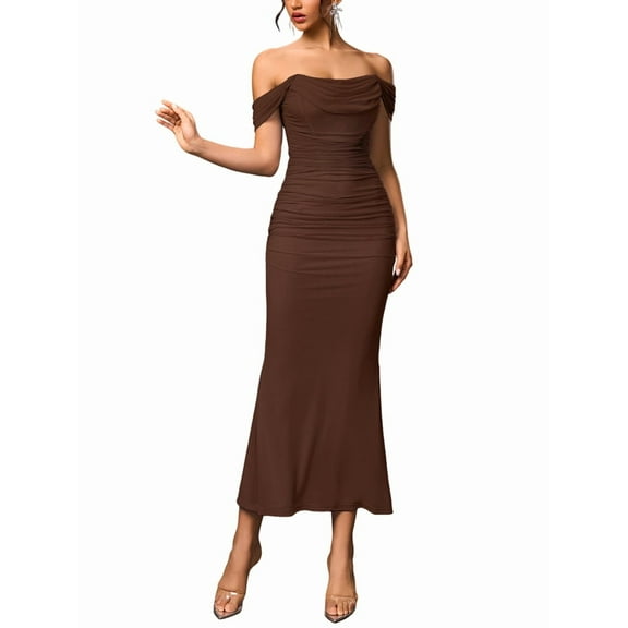Off the Shoulder Maxi Long Dress Corset Ruched Bodycon Formal Wedding Guest Dresses for Women Brown M