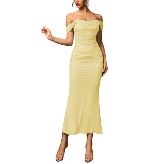 Off the Shoulder Maxi Long Dress Corset Ruched Bodycon Formal Wedding Guest Dresses for Women Yellow M