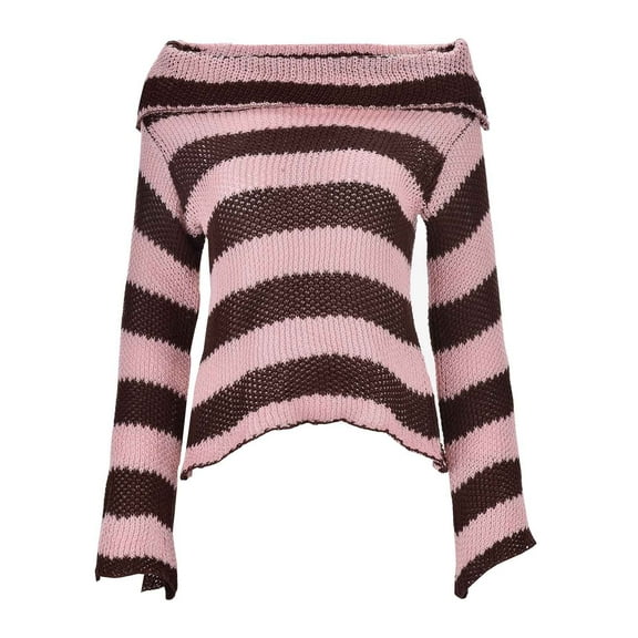 Off the Shoulder Sweater Elegant One Shoulder Long Sleeve Stripe Colorful Contrast Slim Fit Underlay Knitted Shirt Sweater Tops for Women Pink L