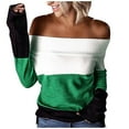 thumbnail image 1 of Off the Shoulder Sweaters for Women Striped Color Block Shirt Long Sleeve Cozy Jumpers Fall Knit Tops Casual Pullover, 1 of 5