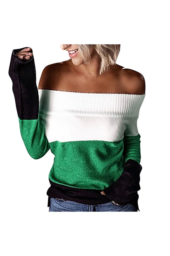 Off the Shoulder Sweaters for Women Striped Color Block Shirt Long Sleeve Cozy Jumpers Fall Knit Tops Casual Pullover