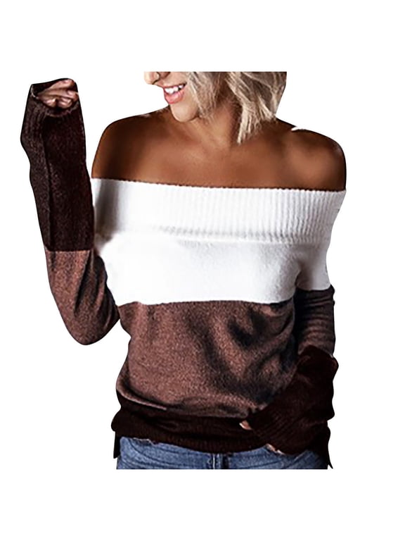 Off the Shoulder Sweaters for Women Striped Color Block Shirt Long Sleeve Cozy Jumpers Fall Knit Tops Casual Pullover