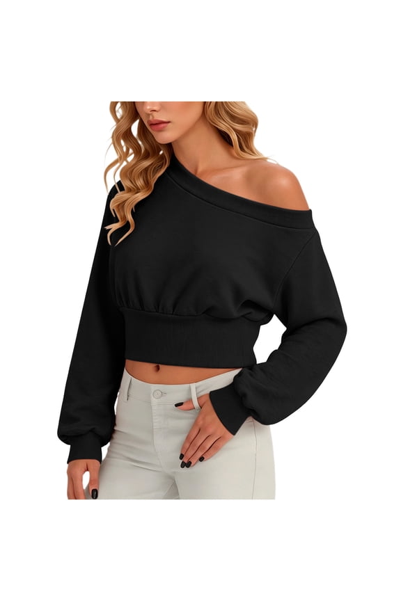 Off the Shoulder Sweatshirt for Women Cinched Waist Oversized Long Sleeve Crop Pullover Y2K Fall Workout Tops