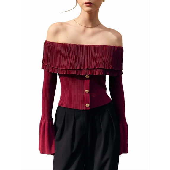 Off the Shoulder Tops for Women Long Sleeve Going Out Y2K Tops Knit Pullover Fall Outfits Trendy Red S