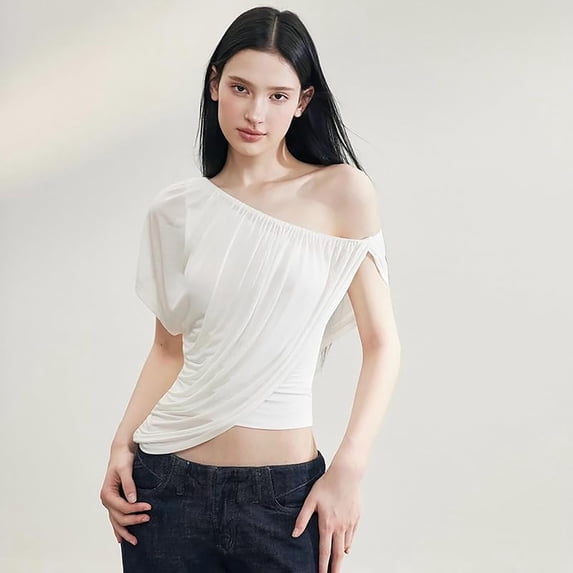Off the Shoulder Tops for Women One Shoulder Draped Asymmetrical Cropped Top Casual Going Out Summer Outfits Trendy Short Sleeve T Shirts White L