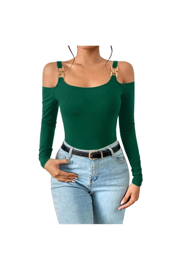 Off the Shoulder Tops for Women Sexy Chain Straps Long Sleeve Tight Blouse One Line Neck Slin Fit Bottoming Shirt Top