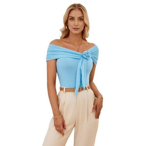 Off the Shoulder Tops for Women Short Sleeve 3D Flower Tie Front Shirts Slim Fit Sexy Blouses Shirts Solid Top Light blue L