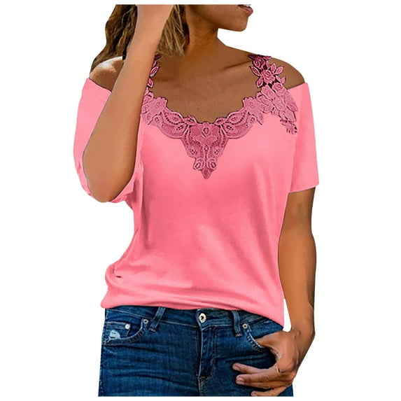 Off the Shoulder Tops for Women Short Sleeve Lace Crochet V Neck Plain T Shirts Blouses Casual Comfy Basic Tunic Tees