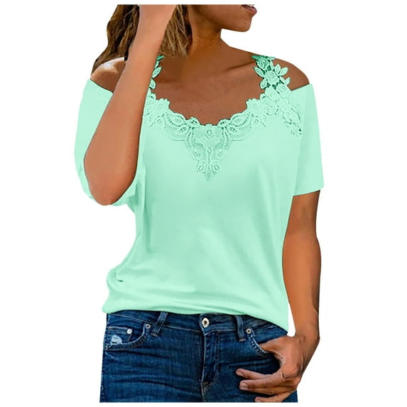 Off the Shoulder Tops for Women Short Sleeve Lace Crochet V Neck Plain T Shirts Blouses Casual Comfy Basic Tunic Tees