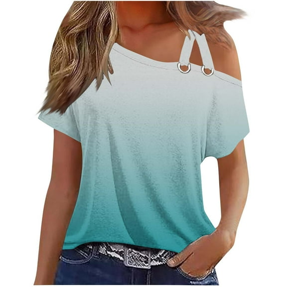 Off the Shoulder Tops for Women Summer Trendy Cross One Shoulder Floral Short Sleeve Shirts Casual Tunic Blouses (2XL, Light Blue)
