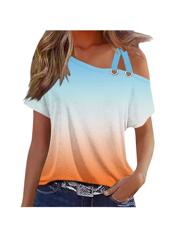 Off the Shoulder Tops for Women Summer Trendy Cross One Shoulder Floral Short Sleeve Shirts Casual Tunic Blouses (2XL, Orange)