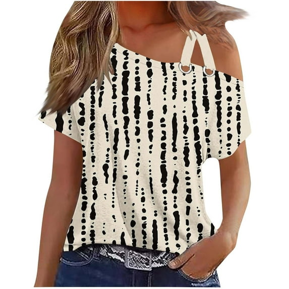 Off the Shoulder Tops for Women Summer Trendy Cross One Shoulder Floral Short Sleeve Shirts Casual Tunic Blouses (L, Beige)