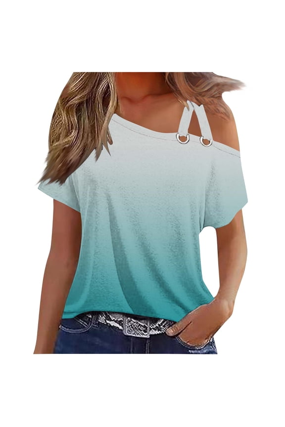 Off the Shoulder Tops for Women Summer Trendy Cross One Shoulder Floral Short Sleeve Shirts Casual Tunic Blouses (M, Light Blue)