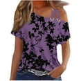 thumbnail image 1 of Off the Shoulder Tops for Women Summer Trendy Cross One Shoulder Floral Short Sleeve Shirts Casual Tunic Blouses (M, Purple), 1 of 5