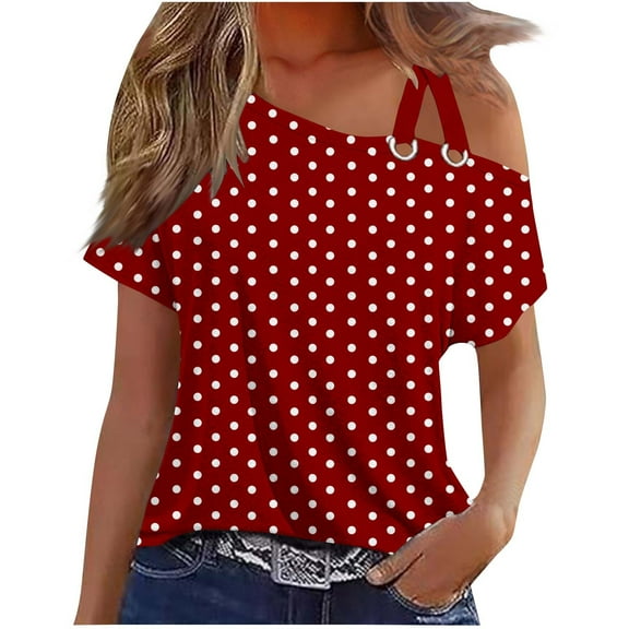 Off the Shoulder Tops for Women Summer Trendy Cross One Shoulder Floral Short Sleeve Shirts Casual Tunic Blouses (M, Wine 1)