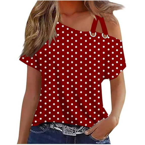 Off the Shoulder Tops for Women Summer Trendy Cross One Shoulder Floral Short Sleeve Shirts Casual Tunic Blouses (S, Wine 1)