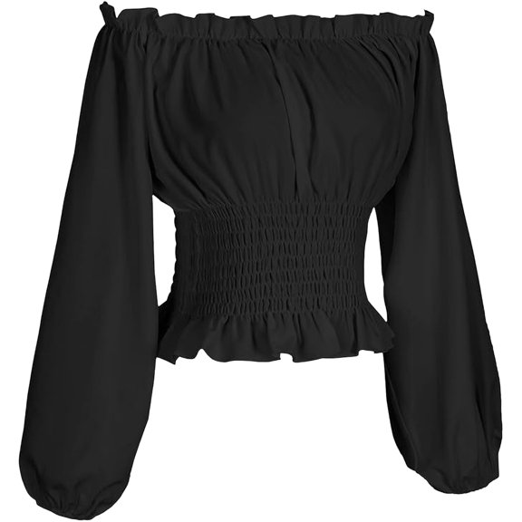 Off the Shoulder Tops for Women Vintage Peasant Puff Sleeve Smocked Waist Ruffle Shirt Corsets Renaissance Classic Lightweight Tops