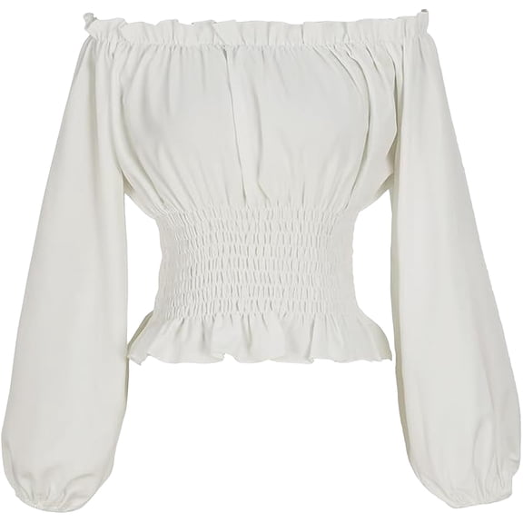 Off the Shoulder Tops for Women Vintage Peasant Puff Sleeve Smocked Waist Ruffle Shirt Corsets Renaissance Classic Lightweight Tops