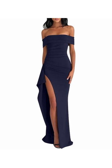 dark blue dress with slit Mermaid Sweetheart Navy Blue Velvet Long Prom Dress – FancyVestido main image 1