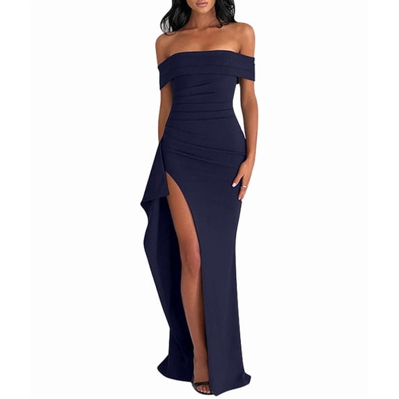 Off the Shoulder Wedding Guest Dress Bodycon High Split Formal Dress Cocktail Party Prom Long Dresses Navy Blue S