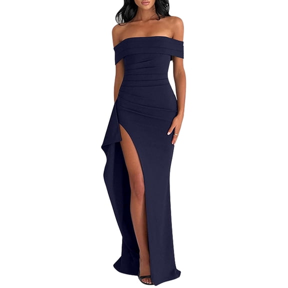 Off the Shoulder Wedding Guest Dress Bodycon High Split Formal Dress Cocktail Party Prom Long Dresses Navy Blue S