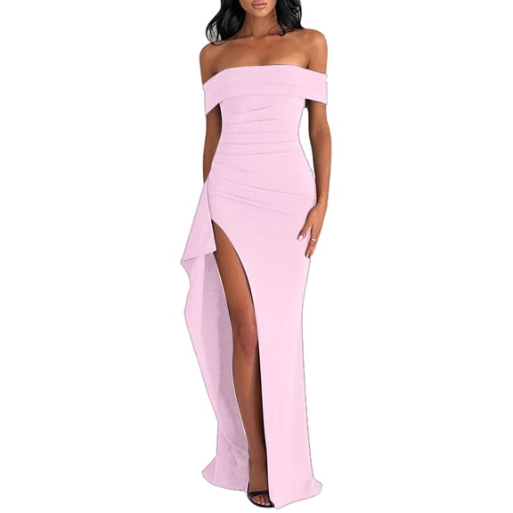 Off the Shoulder Wedding Guest Dress Bodycon High Split Formal Dress Cocktail Party Prom Long Dresses Pink L