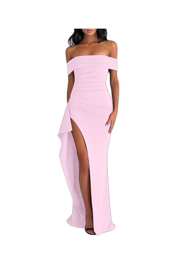 Off the Shoulder Wedding Guest Dress Bodycon High Split Formal Dress Cocktail Party Prom Long Dresses Pink S