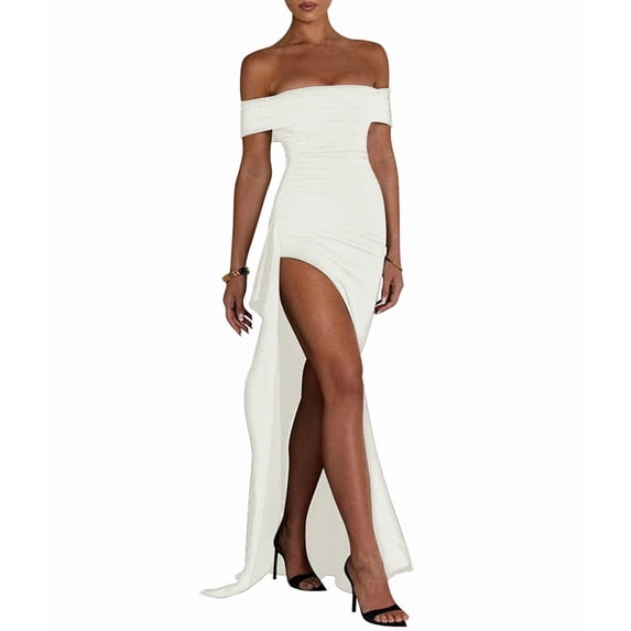 Off the Shoulder Wedding Guest Dress Bodycon High Split Formal Dress Cocktail Party Prom Long Dresses White S