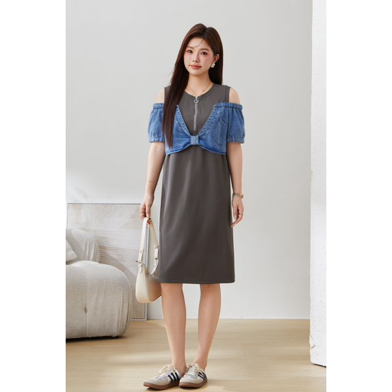 Off the shoulder fake two piece denim dress
