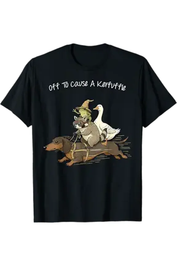 Off to Cause A Kerfuffle Frog Raccoon Goose Riding Dachshund T-Shirt, Unisex Cotton T-Shirt, Sizes S-5XL