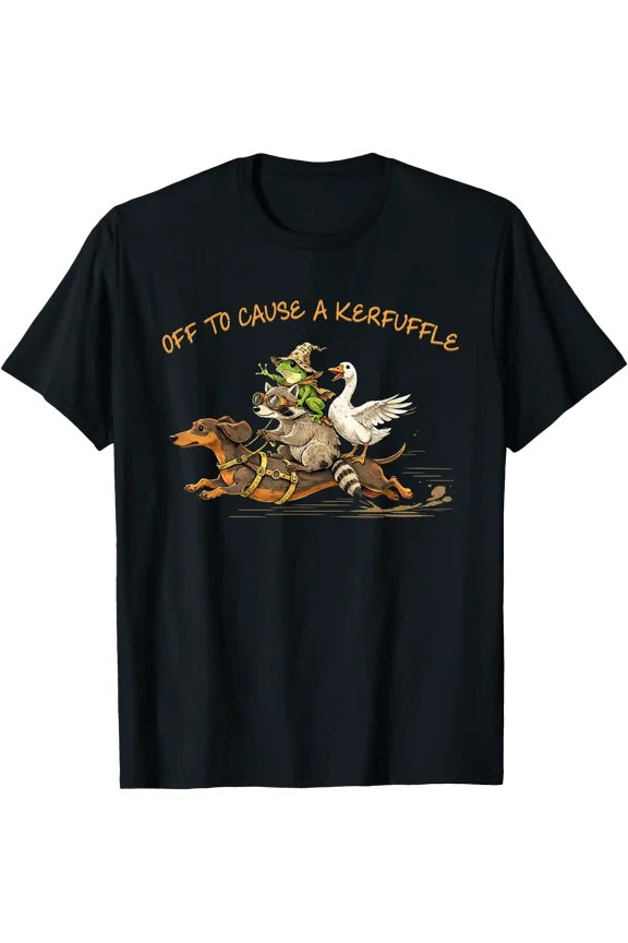 Off to Cause A Kerfuffle Raccoon Frog Goose Riding Dachshund T-Shirt