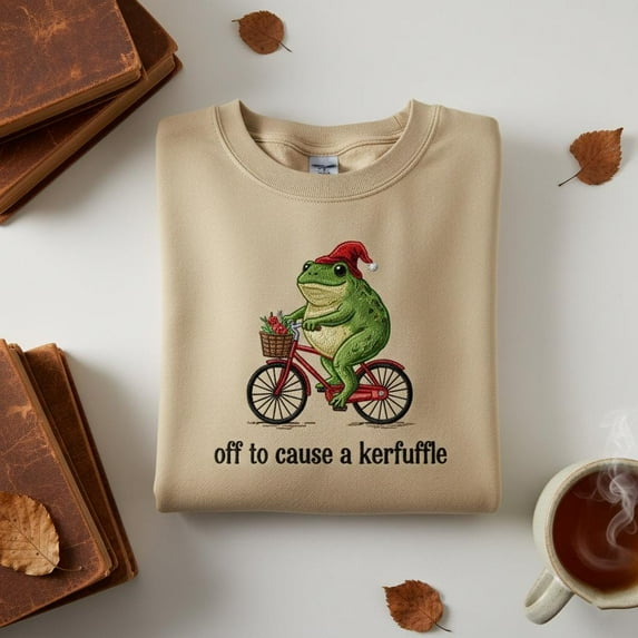 Off to Cause a Kerfuffle Embroidered Sweatshirt, Funny Christmas Frog Bike Sweater, Cottagecore Embroidered Shirt, Holiday Toad Gift